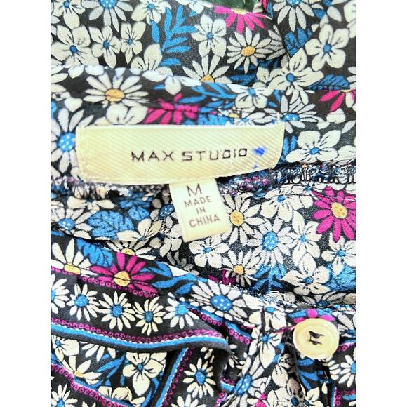 Max Studio Blue Purple Daisy Print Short Sleeve Bubble Hem 3/4 Sleeve Blouse - Picture 8 of 10
